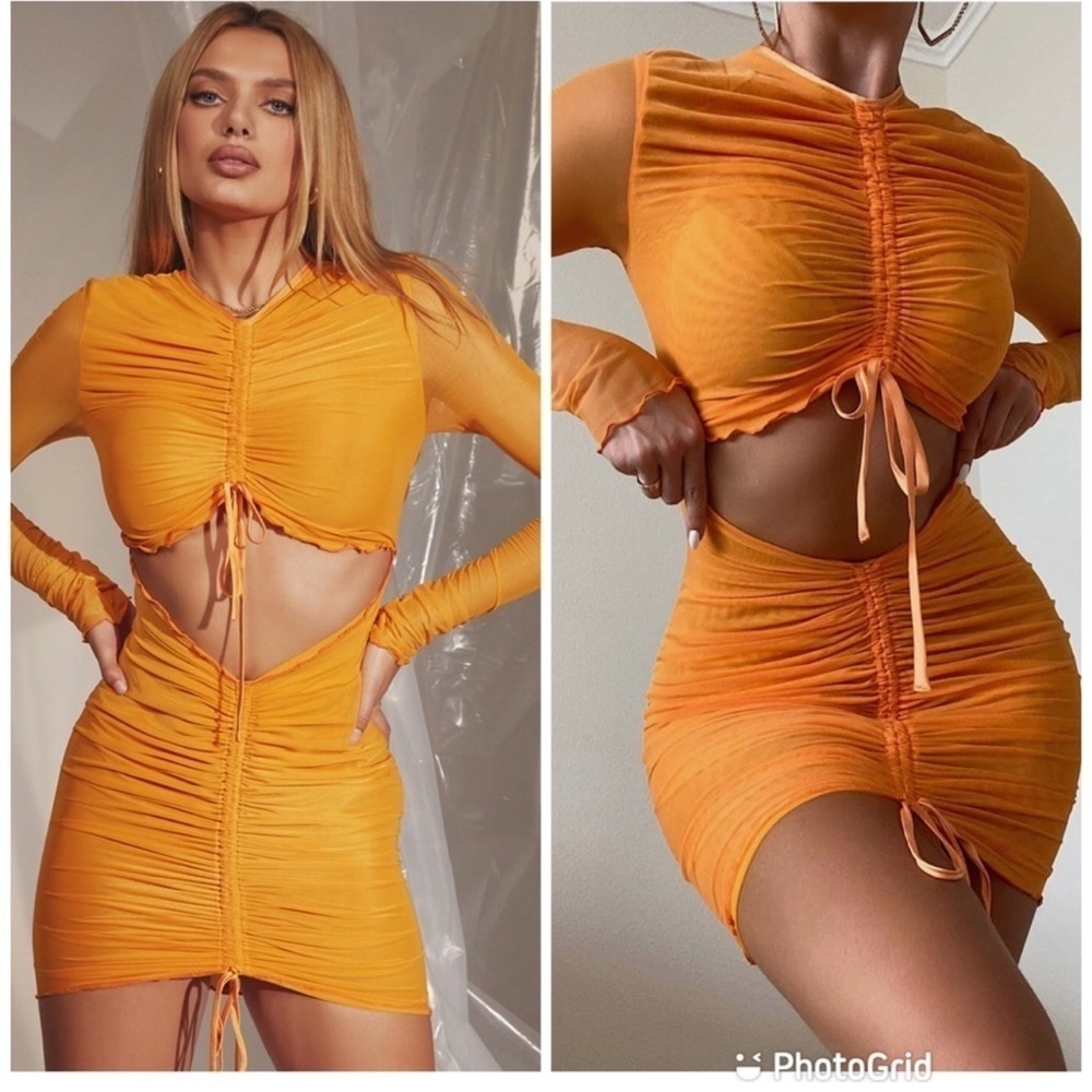 House Of CB 'Jeanelle' Orange Ruched Mesh Long Sleeve Cutout Mini Dress